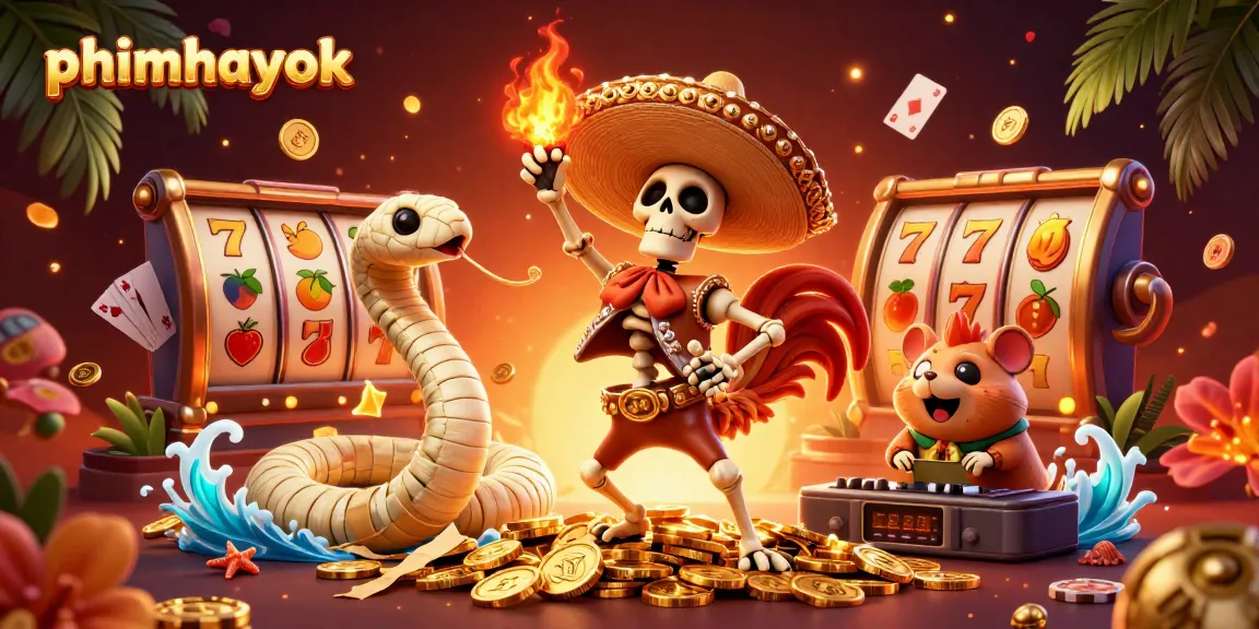 Engage with phimhayok's thrilling slots as a skeleton rooster celebrates jackpot wins amidst vibrant casino elements.