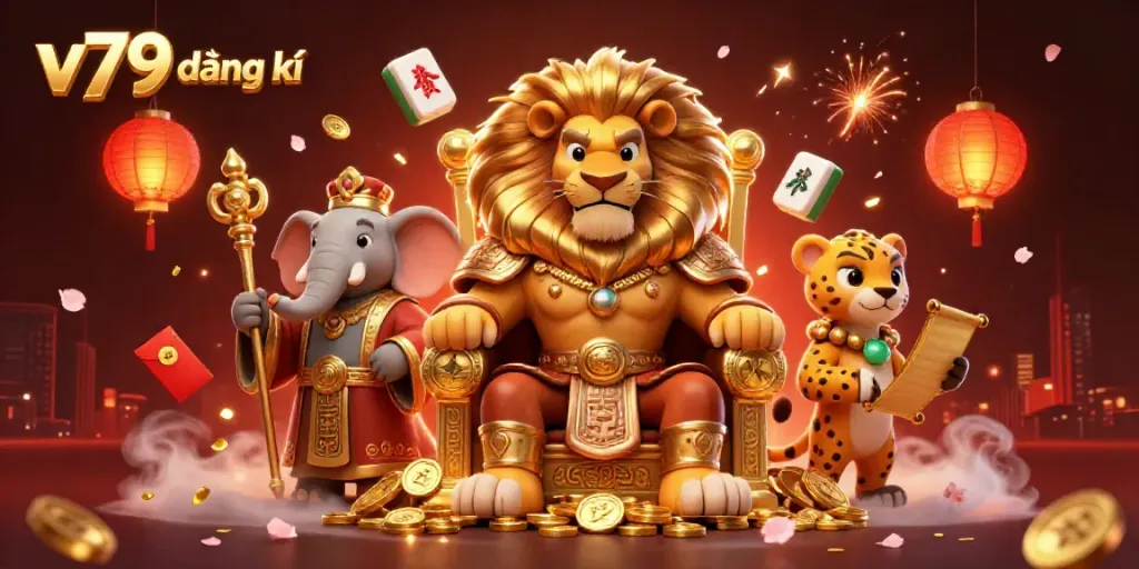 Experience v79 đăng ký with a stunning 3D casino scene featuring dynamic characters and festive elements.