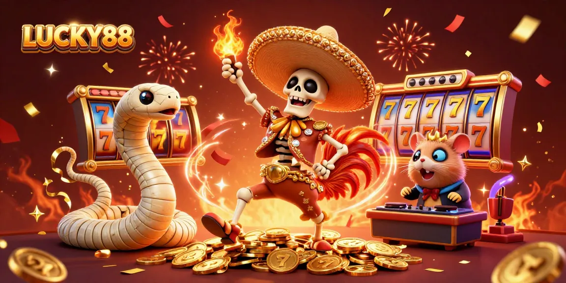 Experience the fun of LUCKY88 slots with a vibrant, festive 3D illustration featuring iconic casino characters.