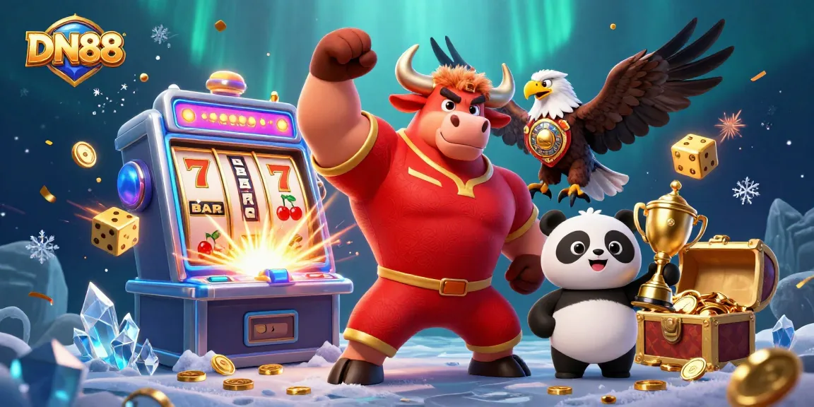 Engage with DN88's vibrant casino world featuring a bull mascot, eagle, and panda in a dynamic jackpot scene.