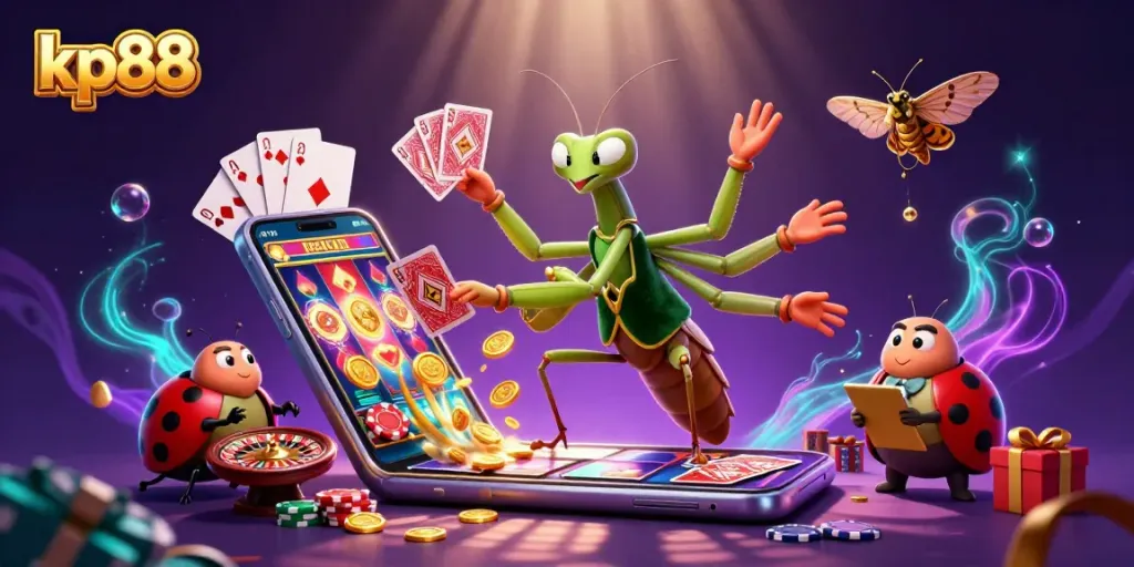 Experience thrilling action as kp88 deals cards and spins slots in a vibrant casino scene.