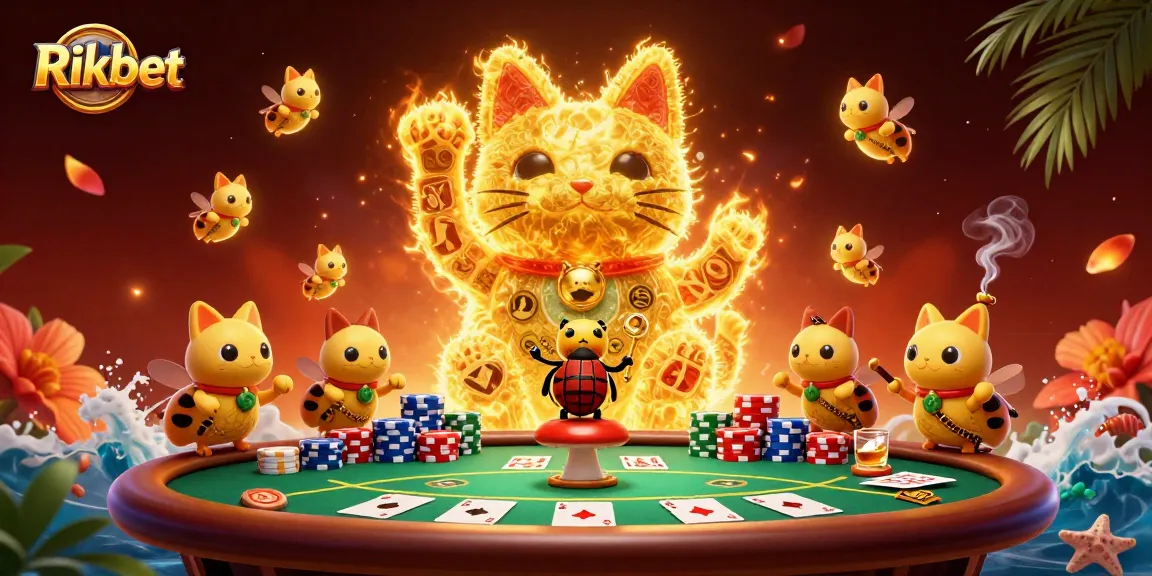Rikbet's vibrant illustration showcasing a lucky cat and engaging poker scene for online gamers.