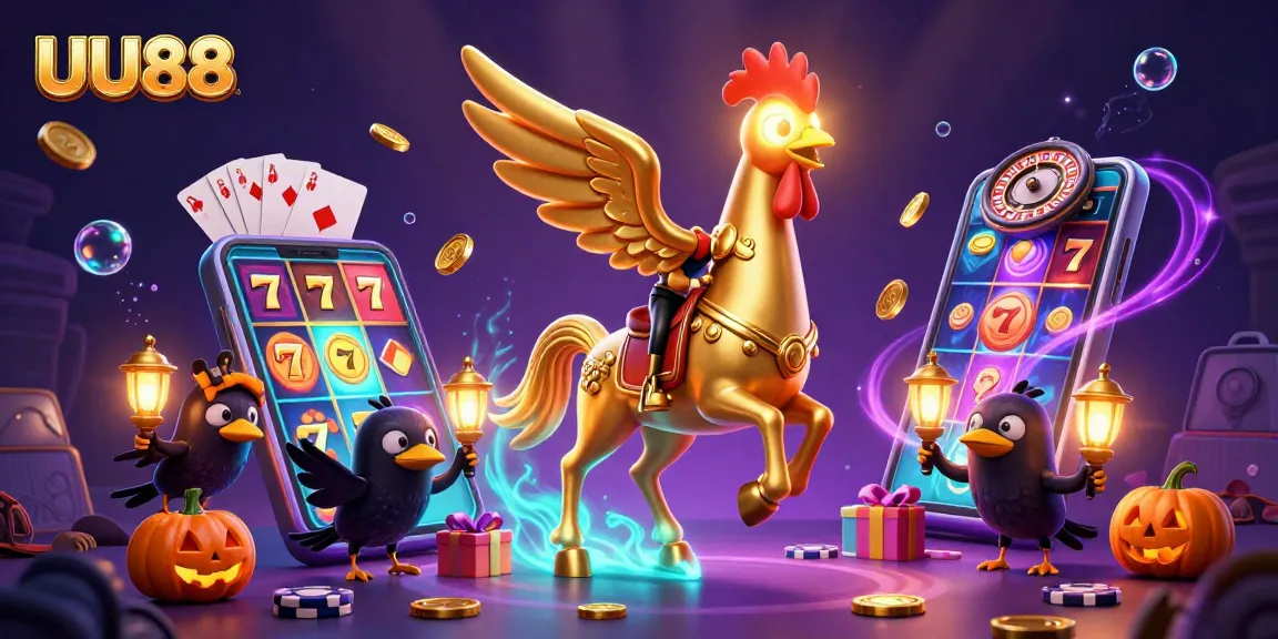 Experience excitement with UU88 as a golden rooster rides through a casino filled with game symbols.