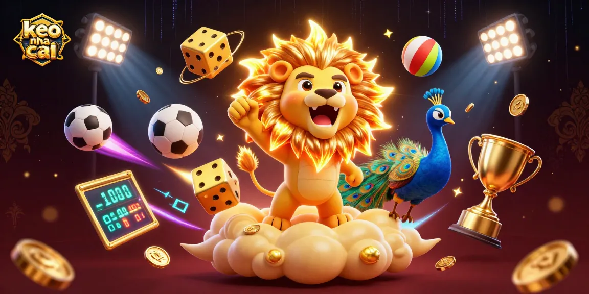Experience the excitement of keo nha cai with vibrant sports elements and a roaring lion in a dynamic casino scene.