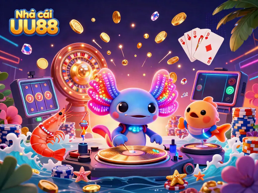 Enjoy immersive gaming at Nhà cái UU88 with joyful characters amidst casino action in a vibrant underwater scene.