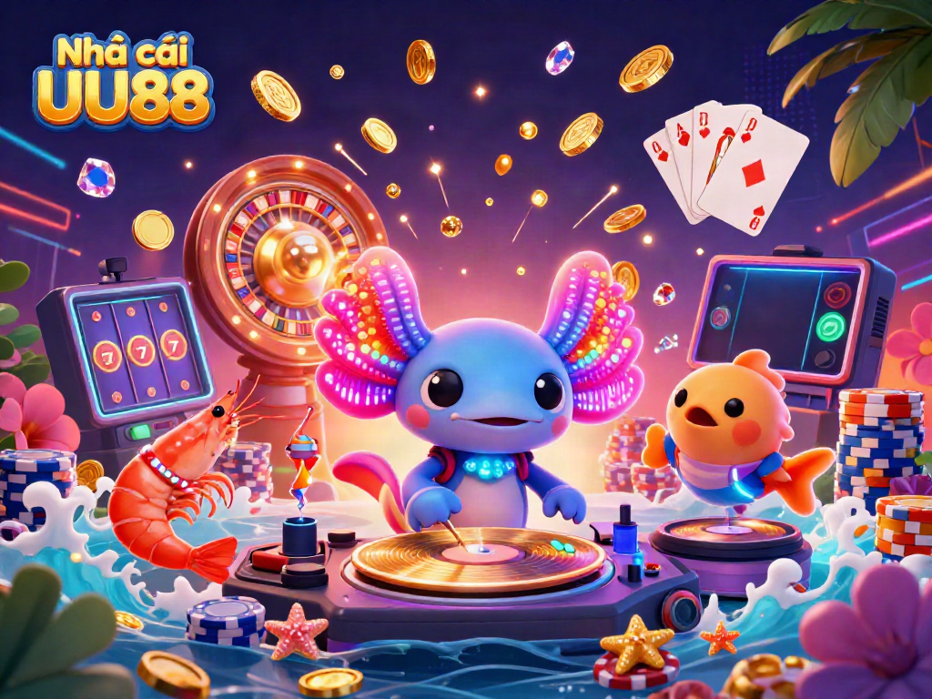 Enjoy immersive gaming at Nhà cái UU88 with joyful characters amidst casino action in a vibrant underwater scene.