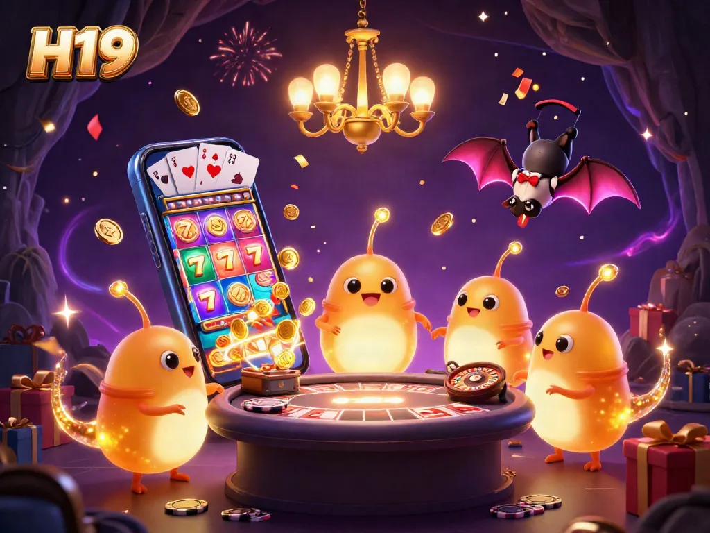 Engage in thrilling slots action at H19, illuminated by glowworms in a vibrant casino scene.