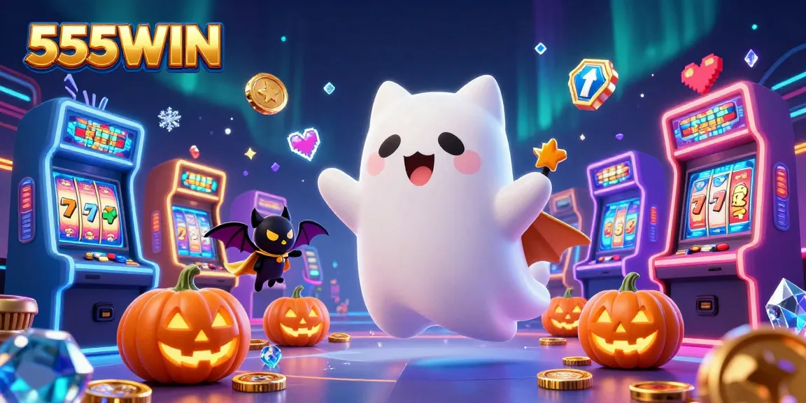 Play exciting games at 555WIN casino featuring a ghost cat, jackpot slots, and vibrant game elements.