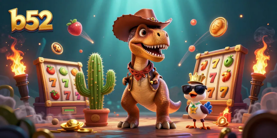 B52 engages players with thrilling slots and jackpots amidst vibrant 3D characters.
