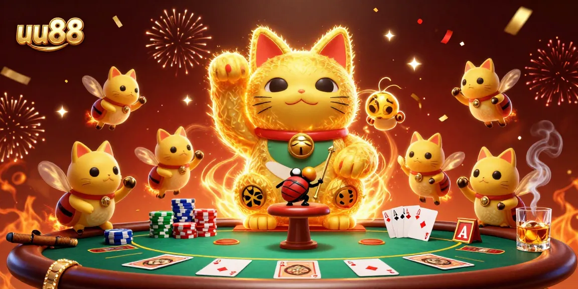 Engage with the thrilling gaming experience of uu88, featuring a vibrant lucky cat amidst exciting casino elements.