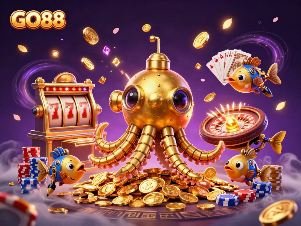 Experience GO88's vibrant gameplay with a unique golden kraken submarine amidst cascading coins and exciting slot reels.