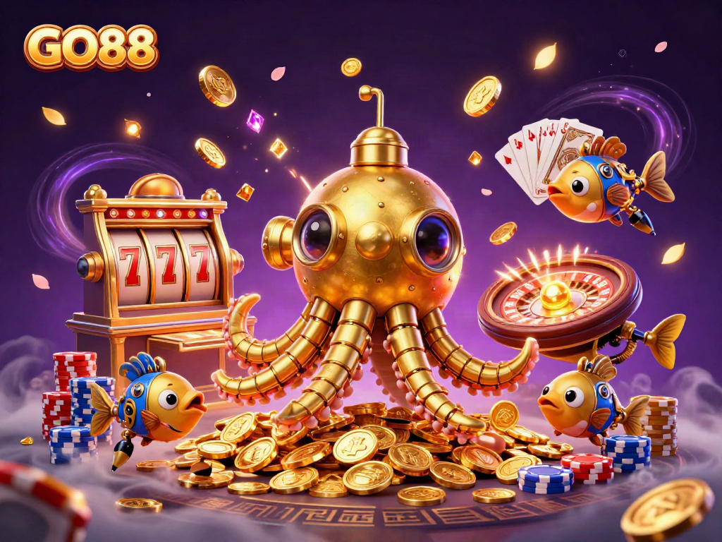 Experience GO88's vibrant gameplay with a unique golden kraken submarine amidst cascading coins and exciting slot reels.