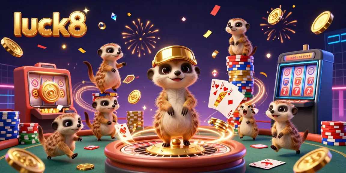 Experience luck8 in a vibrant casino scene with meerkats managing games and celebrating wins.