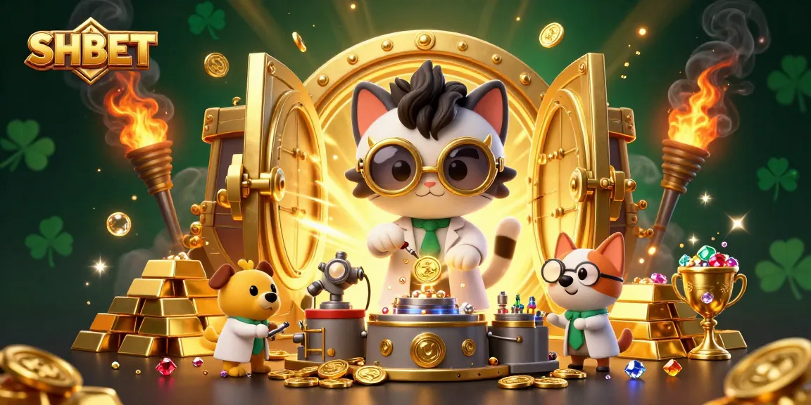 Experience SHBET's dynamic world with a vibrant 3D casino scene featuring a scientist cat and loyal dog.