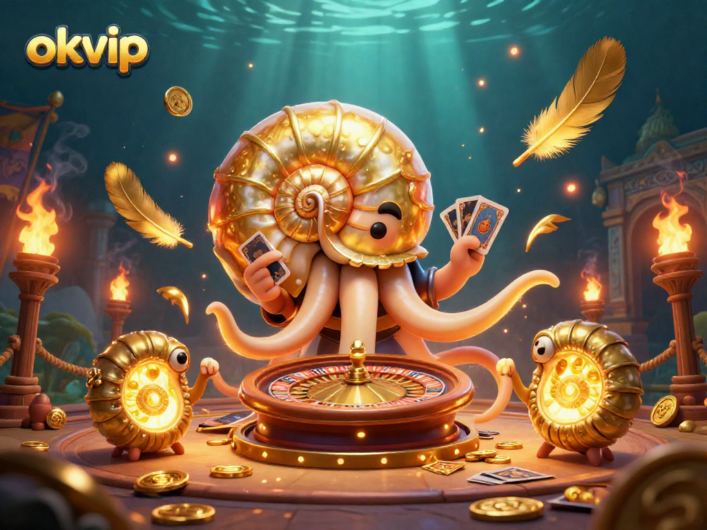 Spin the roulette wheel with okvip's glowing nautilus and card-holding tentacles in an exciting casino illustration.