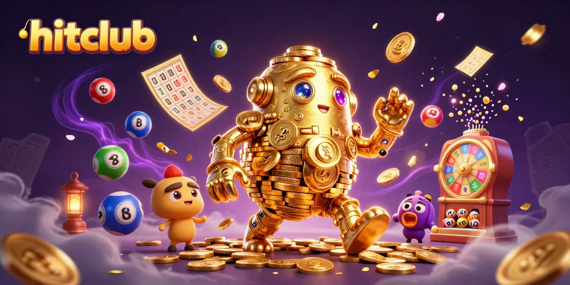 Win big at hitclub with vibrant lottery balls and a dancing golden golem in a magical casino scene.