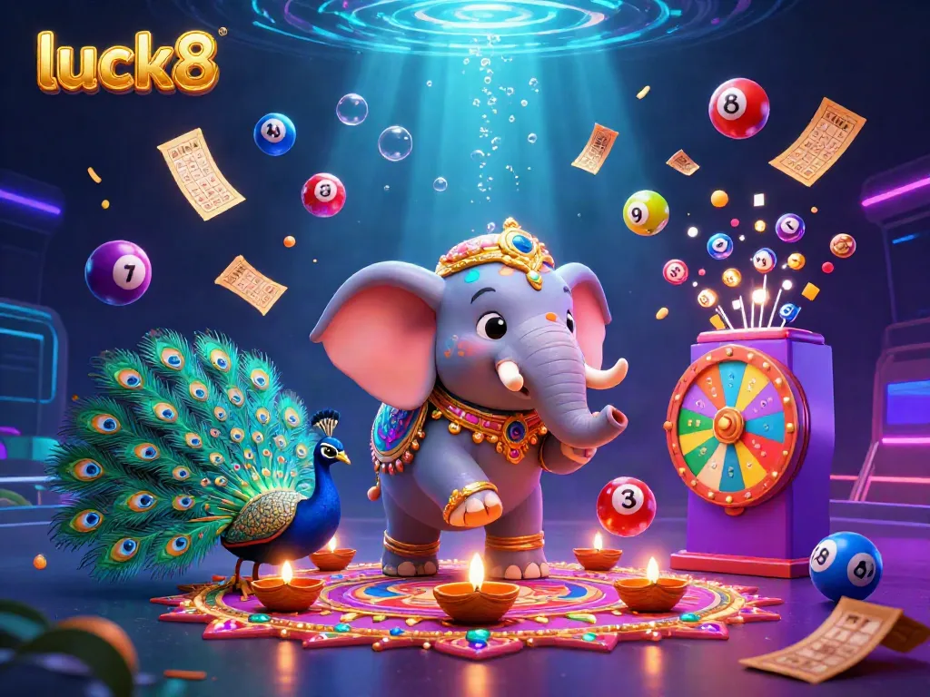 Engage with luck8 in a vibrant 3D illustration filled with colorful gambling elements, showcasing dynamic lottery balls and a bustling casino feel.