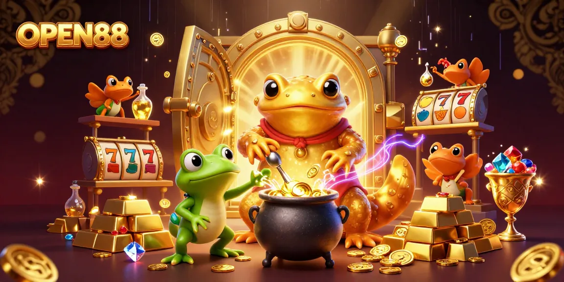 Experience the thrill of OPEN88 with a golden alchemist surrounded by rich treasures and slot symbols.