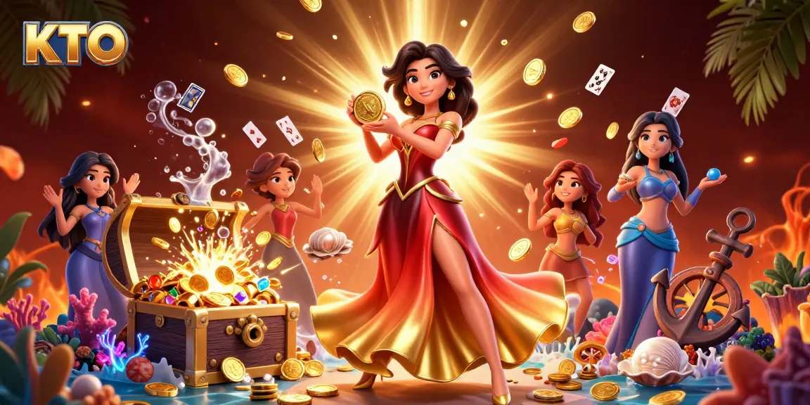 KTO gamers celebrate with a gorgeous Asian woman holding a golden coin amidst a vibrant casino scene.