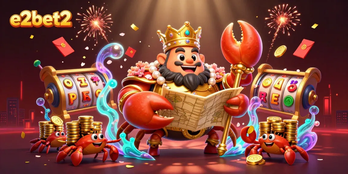 E2bet2's vibrant slot gaming scene with a golden crab emperor and dynamic elements promoting online excitement.