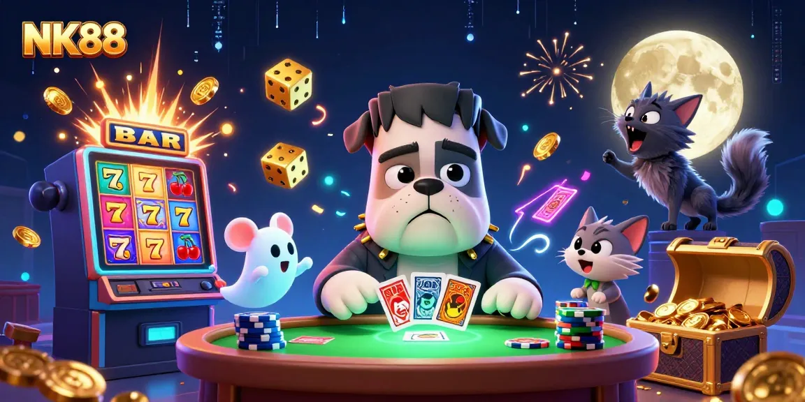 NK88 casino theme featuring a Frankenstein bulldog dealer, ghost mouse, and werewolf kitten in a dynamic gambling setting