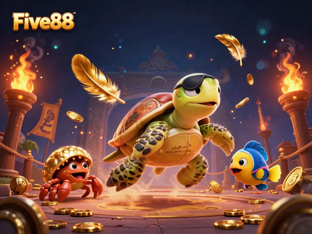 Engage with Five88 by exploring an exciting casino world filled with a turtle, crab, and parrotfish.