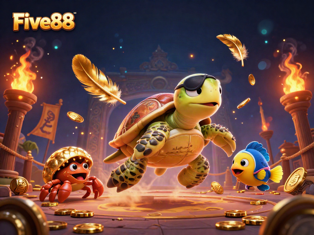 Engage with Five88 by exploring an exciting casino world filled with a turtle, crab, and parrotfish.