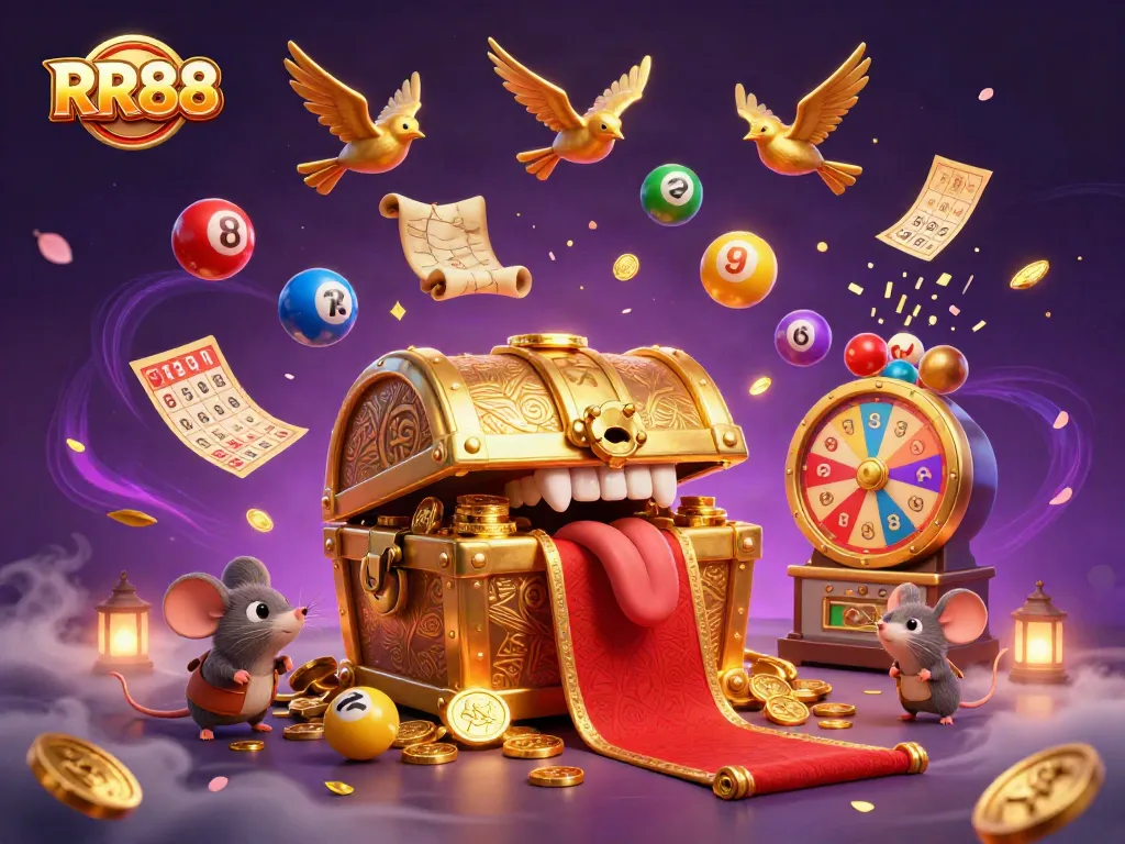 Engage with RR88's vibrant 3D treasure chest illustration depicting dynamic casino elements.