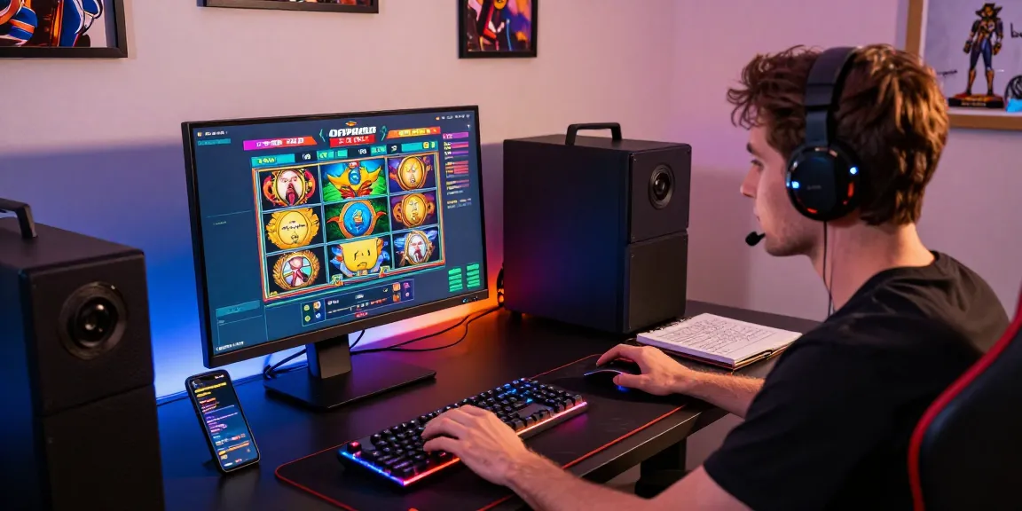User enjoying OPPA86 slot games with vibrant gaming setup and colorful peripherals.