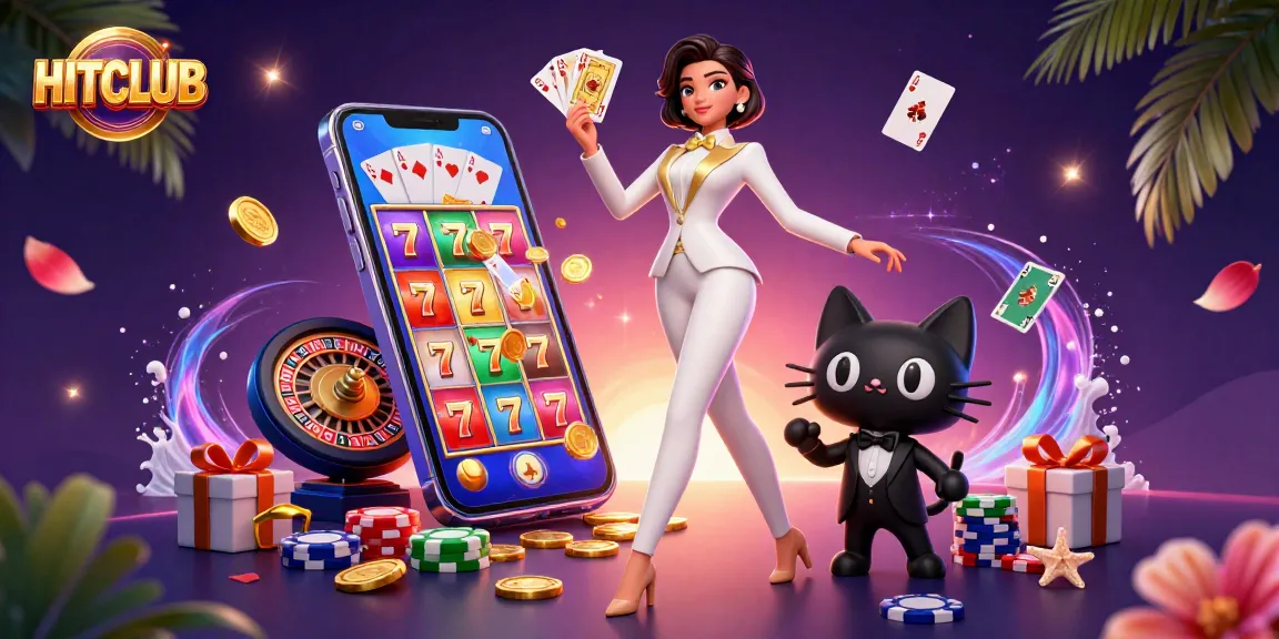 Experience the HITCLUB excitement with glamorous characters, spinning slot games, and golden coins!