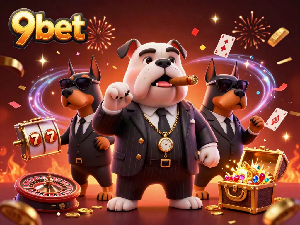 Engage with 9bet in a vibrant casino scene featuring a mafia boss bulldog and dynamic game elements.