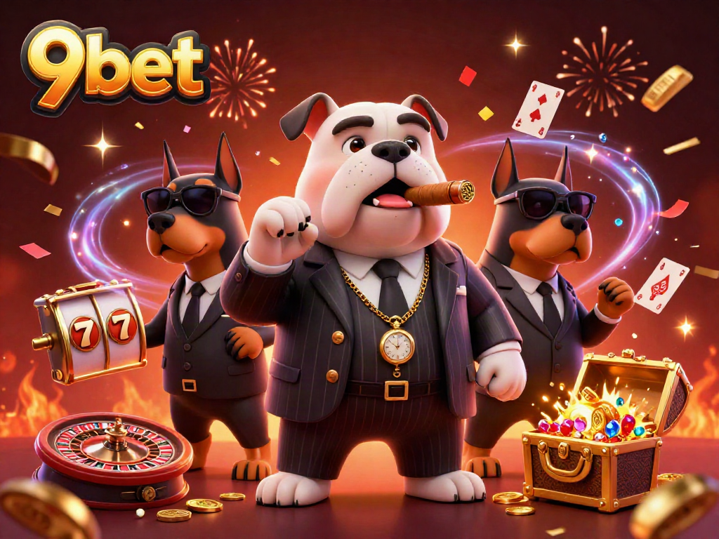 Engage with 9bet in a vibrant casino scene featuring a mafia boss bulldog and dynamic game elements.