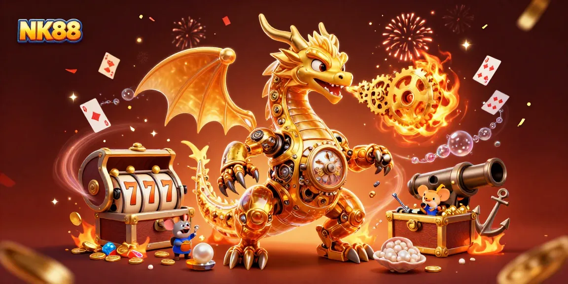 NK88 features a dynamic golden dragon surrounded by vibrant casino elements for thrilling online gaming.