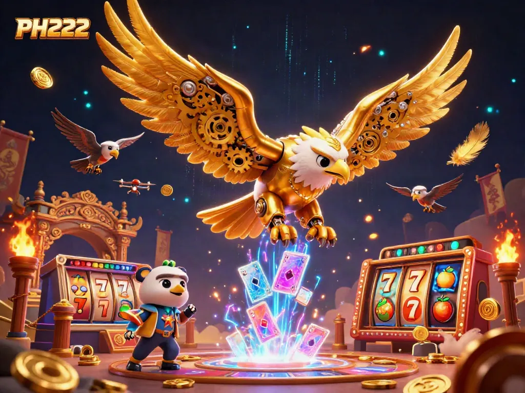 Experience the thrill of gaming with PH222's dynamic online casino scene, featuring a cybernetic eagle and slot enthusiasts.