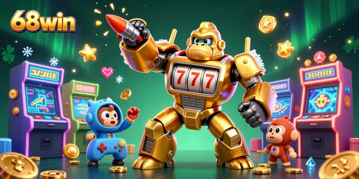 Experience thrilling gaming action at 68win with a golden gorilla mech and vibrant casino elements.