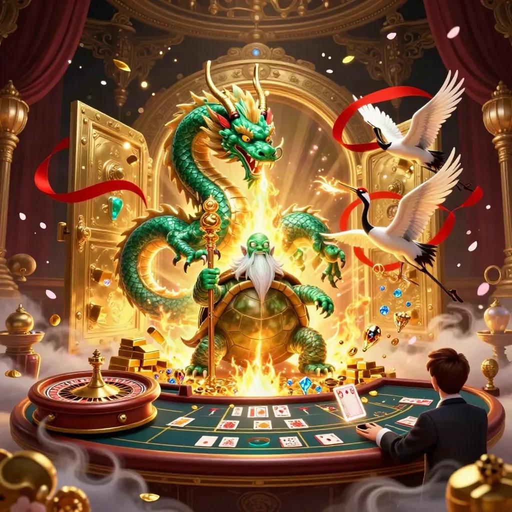 Emerald dragon, turtle sage, and cranes in a glowing casino vault with treasure and cards.