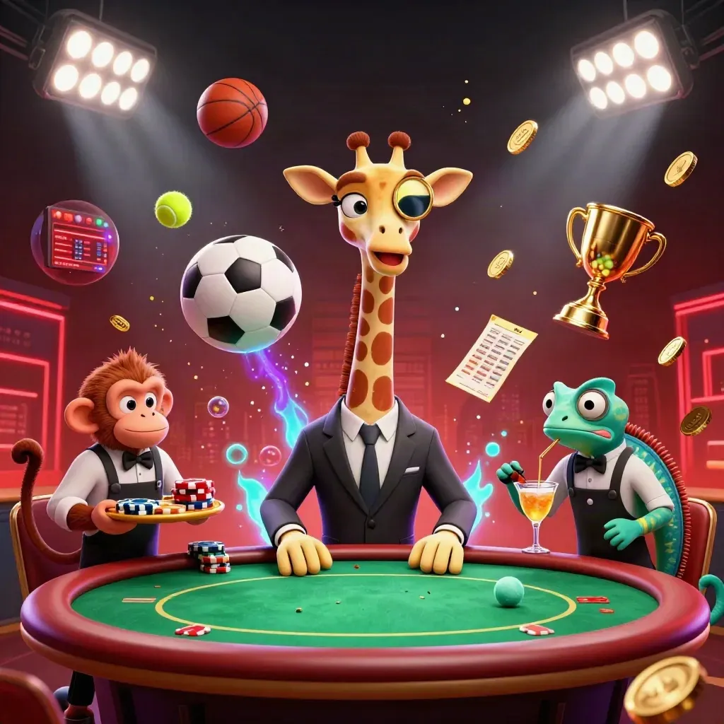 Cartoon giraffe, monkey, and chameleon amid flying sports balls and casino gold under stadium lights