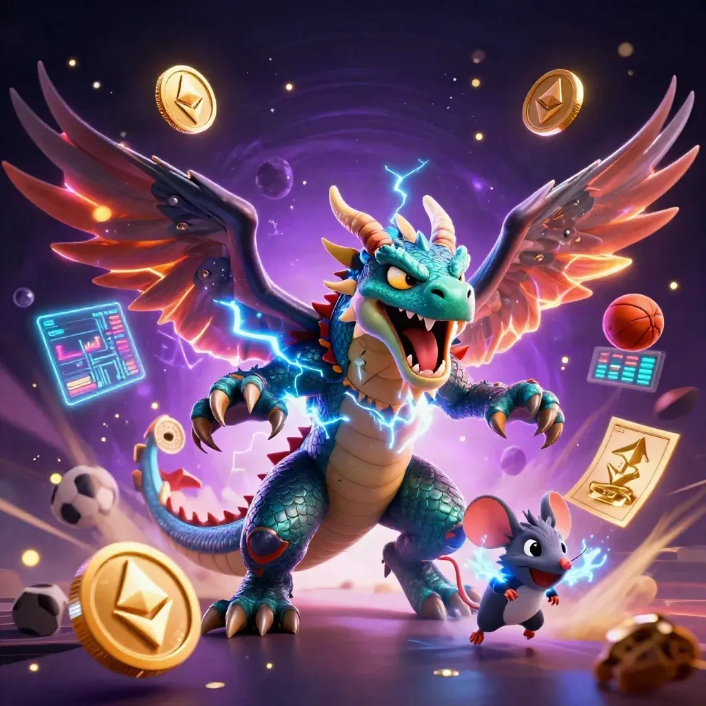 Thunder dragon, wind hawk and static mouse amid casino coins, lightning and sports balls.