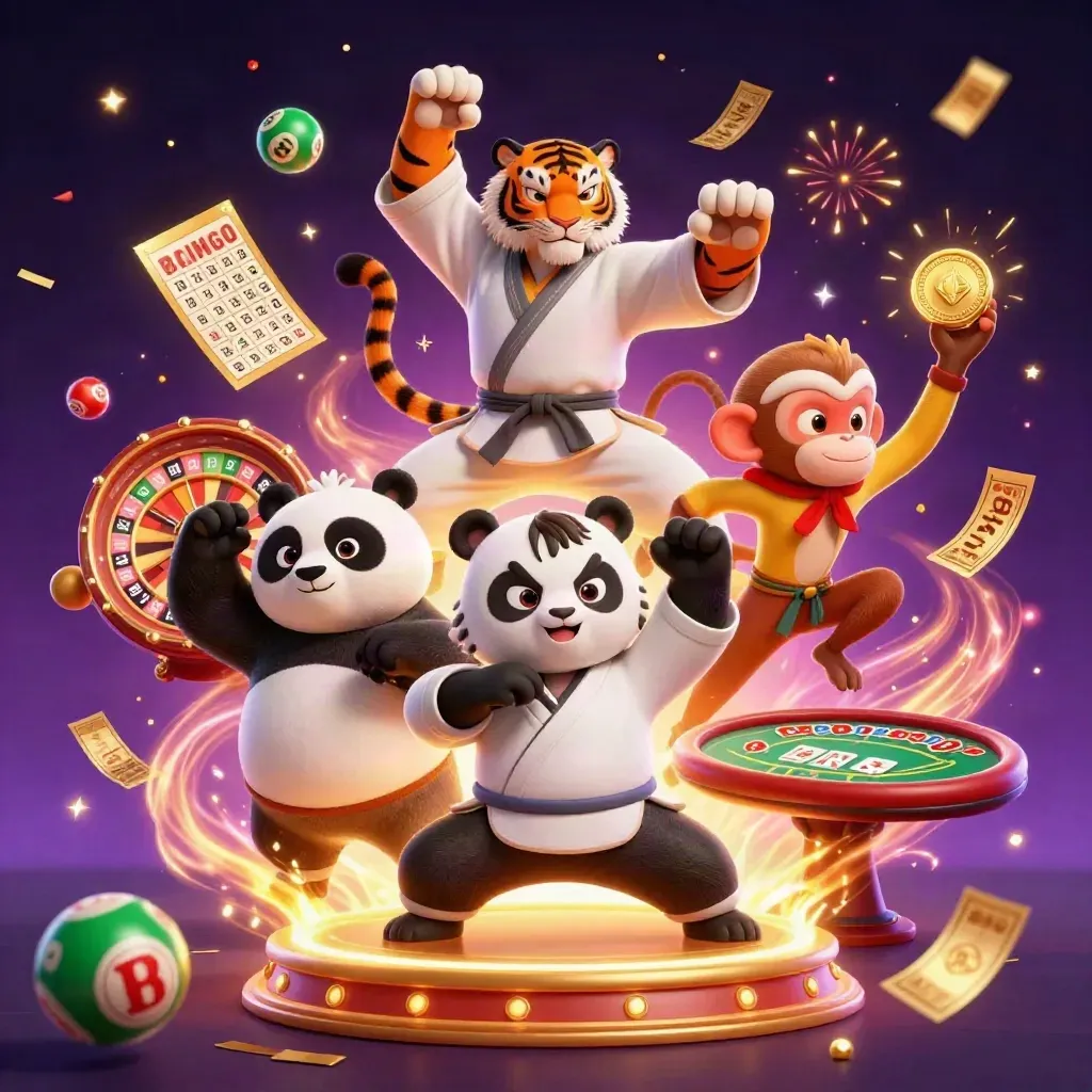 Kung-fu tiger, panda, and monkey amid casino magic, roulette wheel, tickets, and gold confetti.