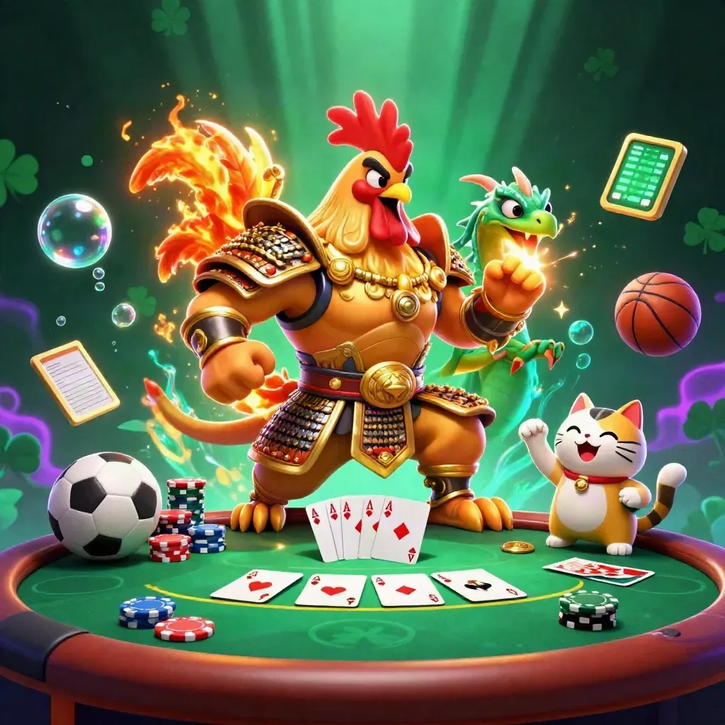 Rooster warrior, dragon hatchling and fortune-cat amid casino cards, chips and glowing sports props.