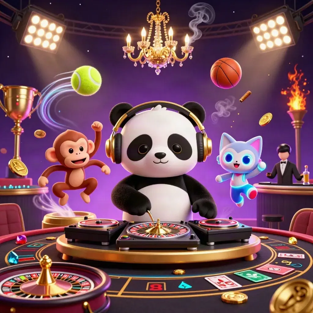 Panda DJ, breakdancing monkey and rave kitten in a neon casino with spinning roulette wheels.