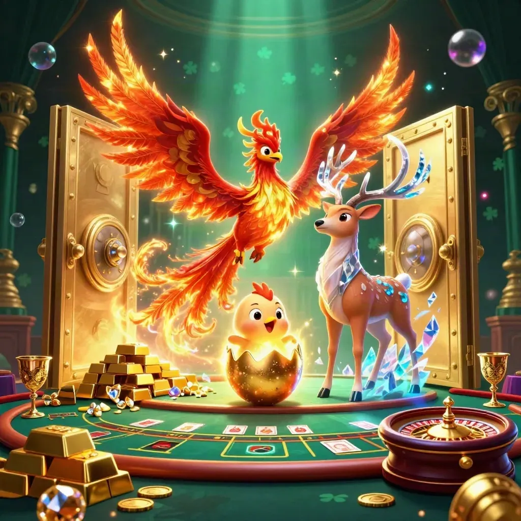 Phoenixes and a stag burst from a glowing vault in a neon casino chamber.