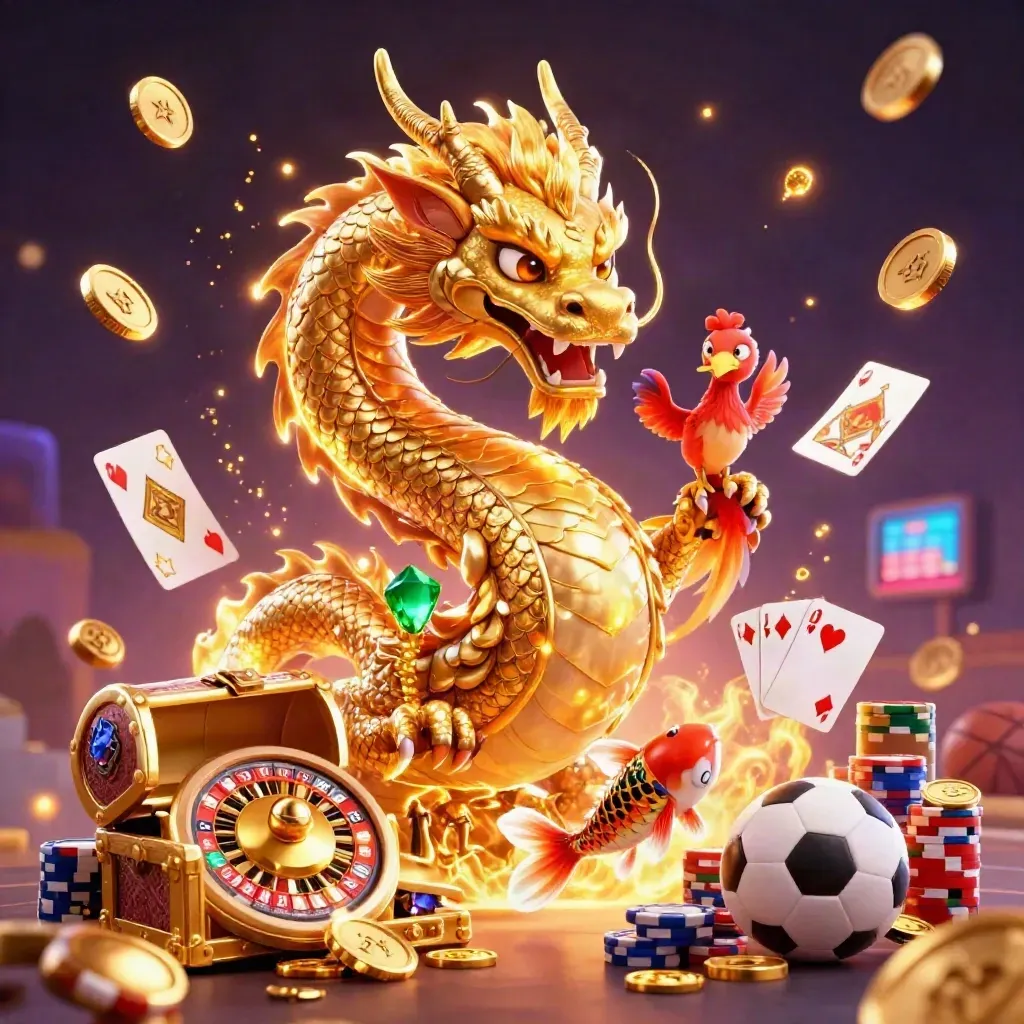 Golden dragon with phoenix and koi amid casino chips, roulette wheel, coins, and sports balls.