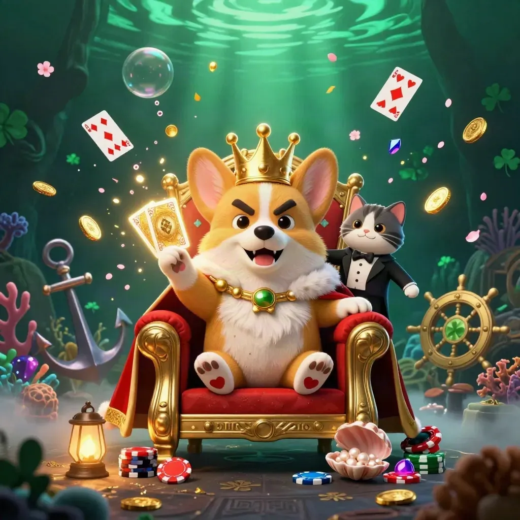 Royal corgi and cat butler in an underwater treasure cove, gold coins and gems bursting around them.