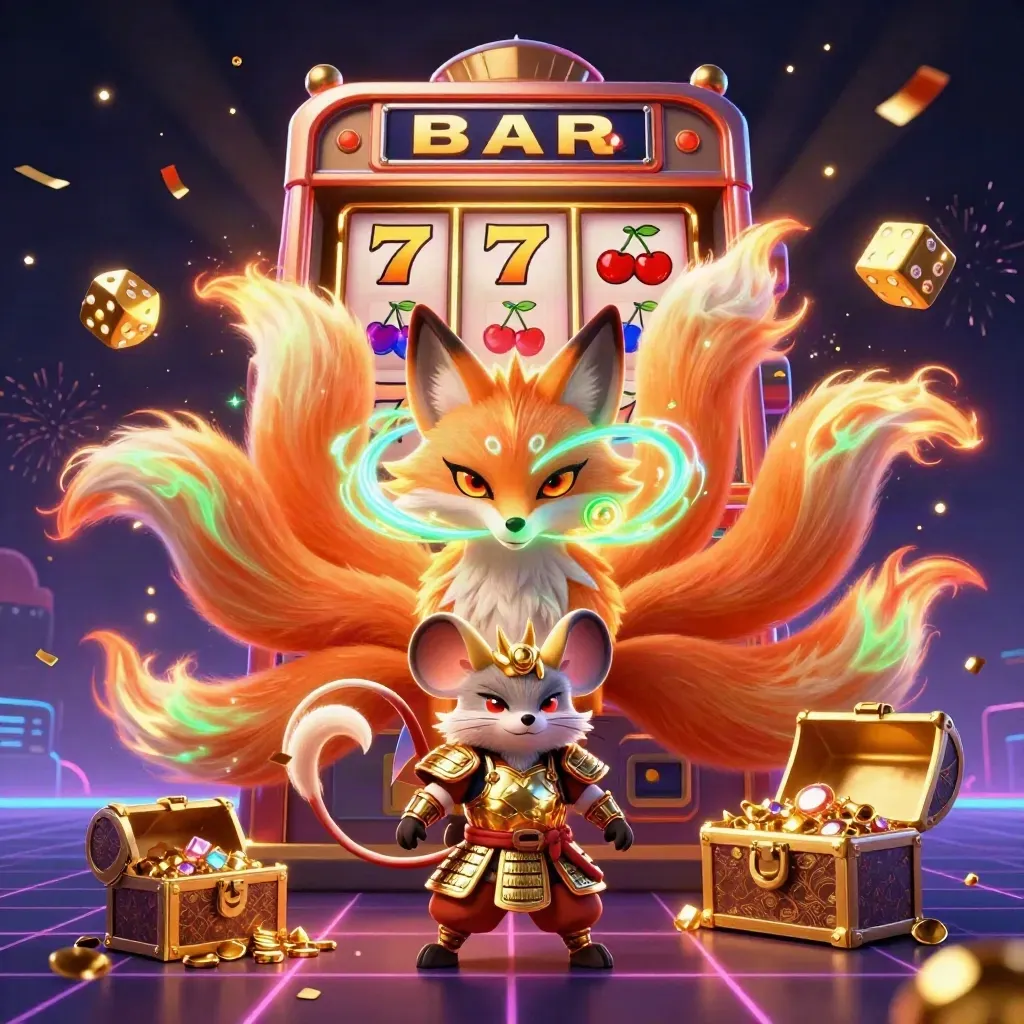 Fox spirit and armored mouse amid jackpots, gold, gems, fireworks, and neon casino energy.
