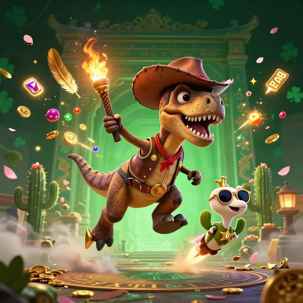 Cowboy T-Rex, cactus sidekick, and sheriff roadrunner amid emerald casino magic and coins.