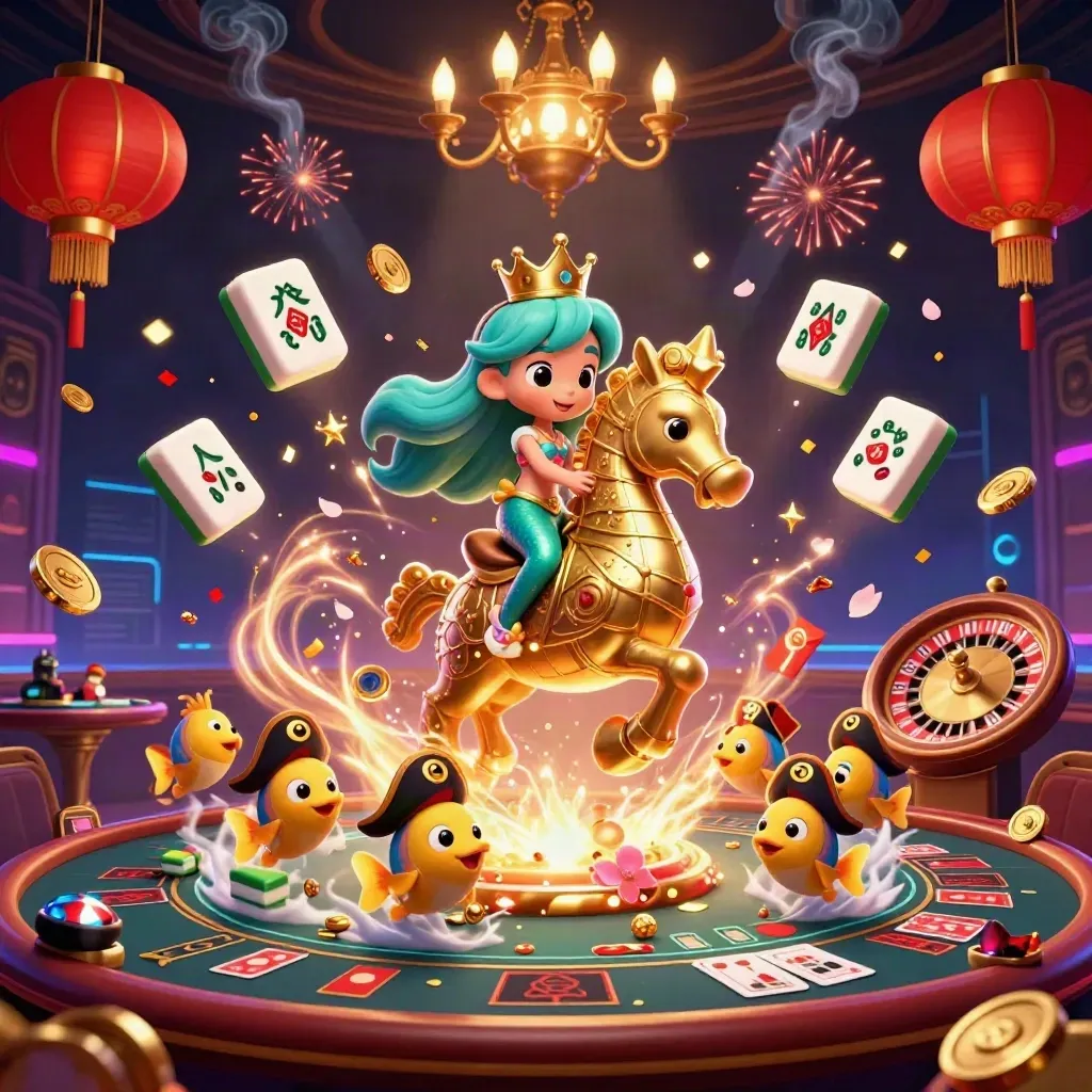Mermaid princess on seahorse in a neon casino fantasy with lanterns, coins, fireworks, and a roulette spin.
