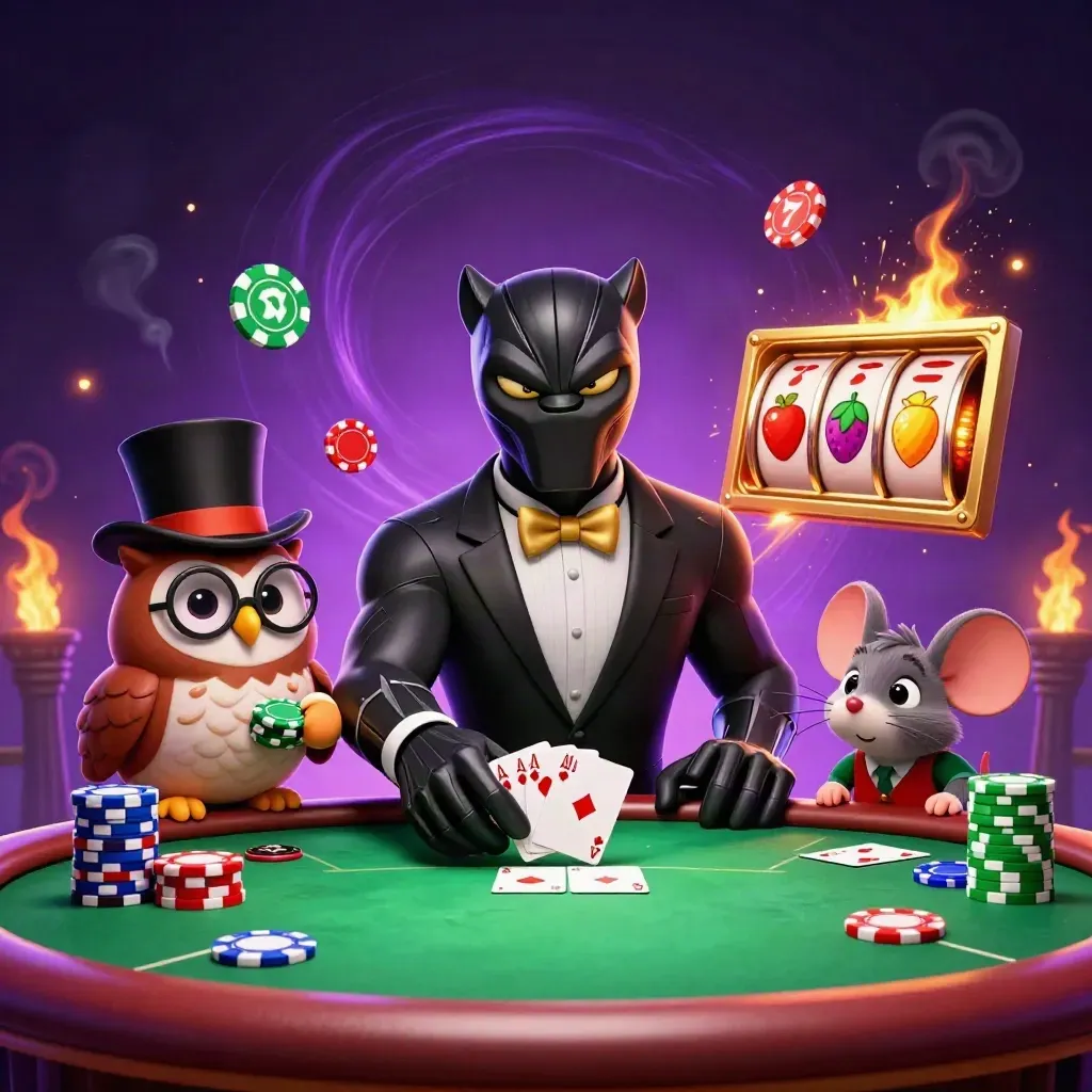 Panther, owl, and mouse play cards amid neon chips, slot reels, and casino magic.