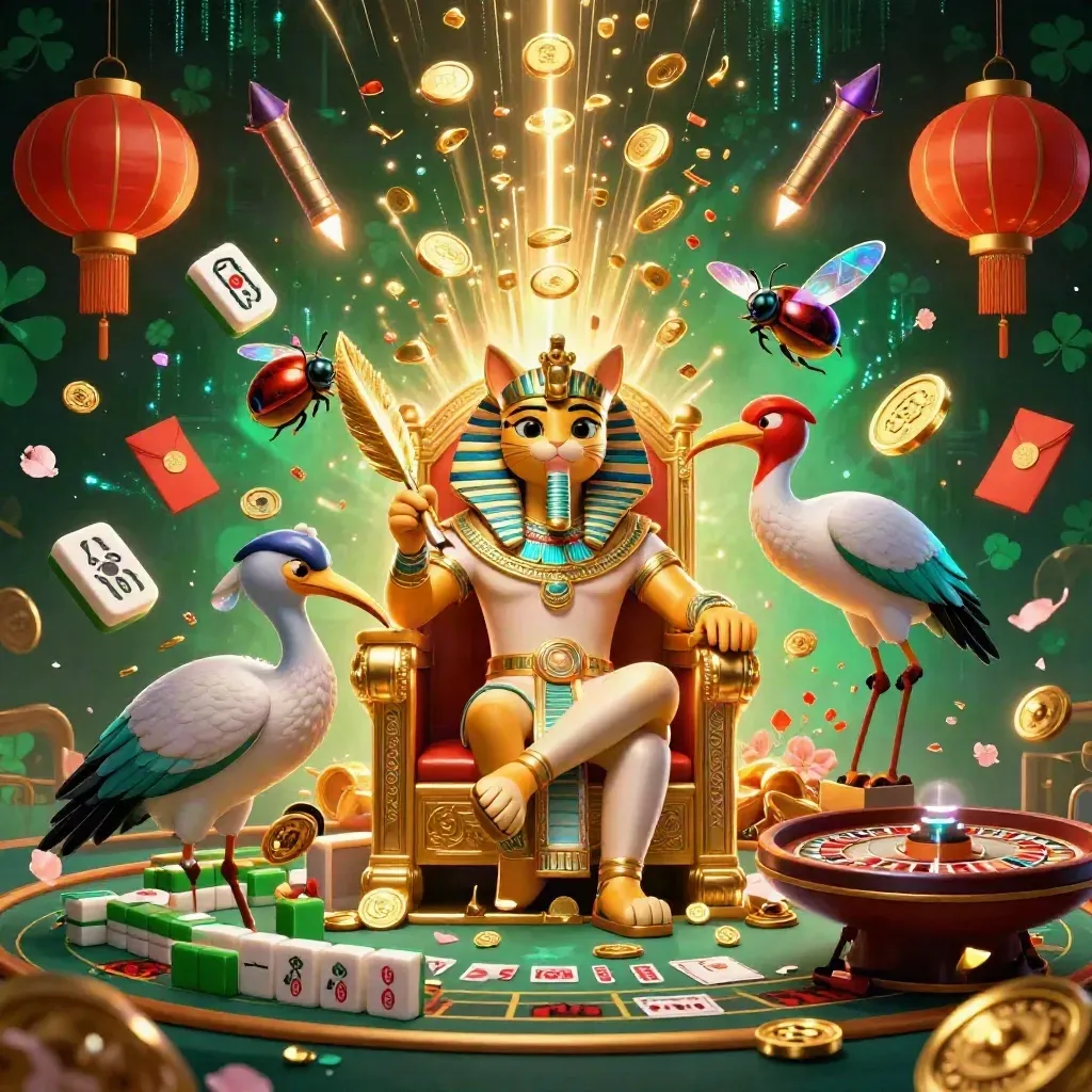 Pharaoh cat and ibis scribe amid casino riches, coins, fireworks, and glowing game symbols.