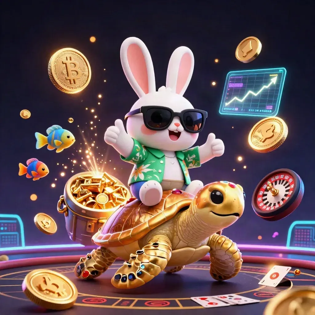 Lucky rabbit on a golden sea turtle amid coins, roulette, cards, and fireworks.
